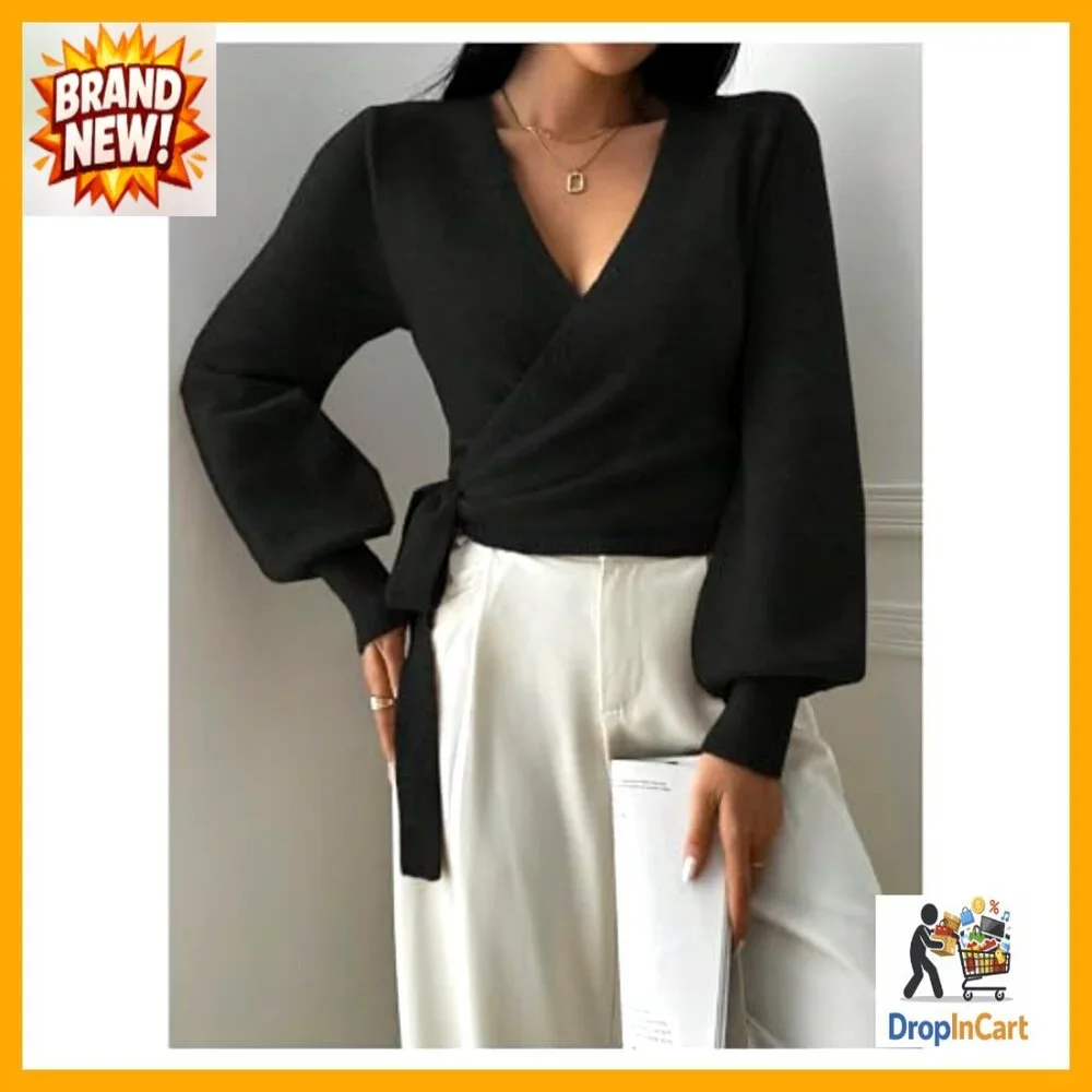 Long Sleeve V-Neck Wrap Belted Sweater Elegant Office Knit Crop Top_2